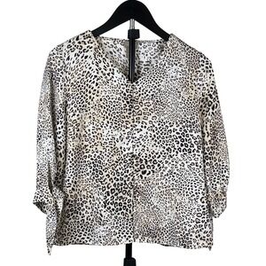 Chico's Leopard Print Button Up Blouse 3/4 Sleeve Tie Cuff Petite